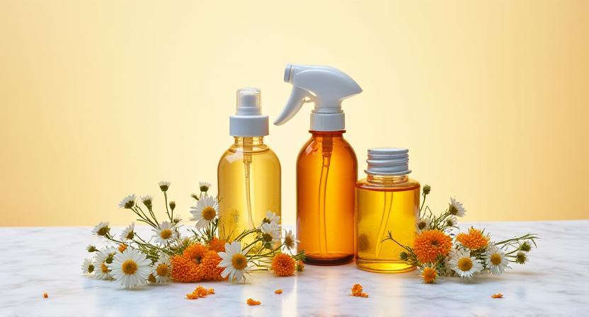 Bottiglie di vetro con ingredienti botanici