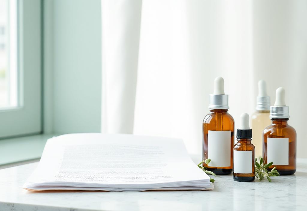 Documenti legali professionali su uno sfondo pulito di cosmetici naturali